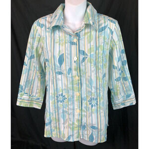 Jh ButtonUp Top S Blue Floral Colorful 3/4 Sleeve Collar Summer Coastal Capsule